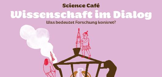 Science Café - Wissenschaft im Dialog. Drei Menschen vermessen, prüfen, untersuchen eine dampfende Esspressokanne.