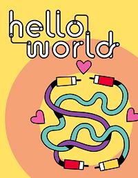 Grafik mit hello world Schriftzug über zwei in sich verschlungenen Kabel